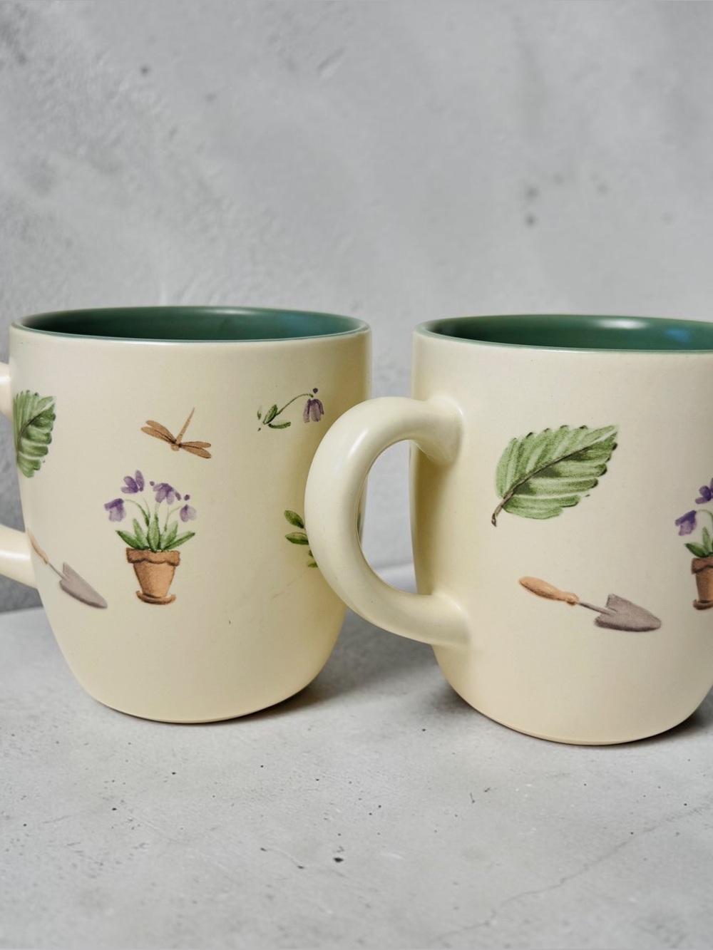 Pfaltzgraff Cream Garden Print Mugs with Green Interior